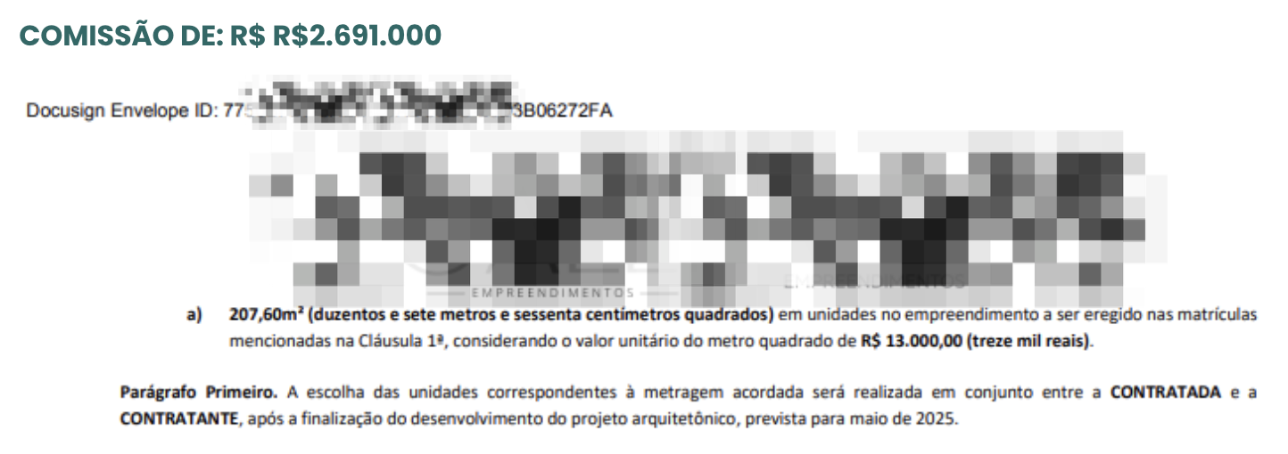 Comissão de R$2.691.000 — Empreendimento e Metragem