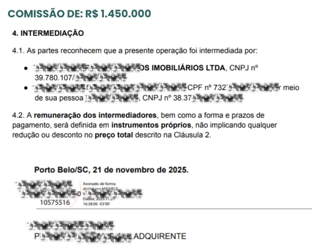 Comissão de R$1.450.000 — Cláusula 4 Intermediação