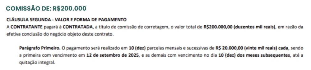 Comissão de R$200.000 — Cláusula Segunda Valor e Pagamento